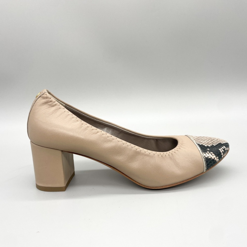 AGL Womens 39.5 9.5 Beige Leather Snake Print Cap Toe Block Heel Pumps Office
